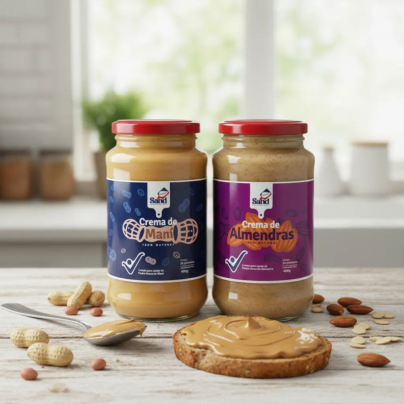 alt="Crema de maní y crema de almendras Sand Balanced Food elaboradas con 100% frutos secos, ingredientes naturales y sin aceites añadidos, acompañadas de una tostada untada."
