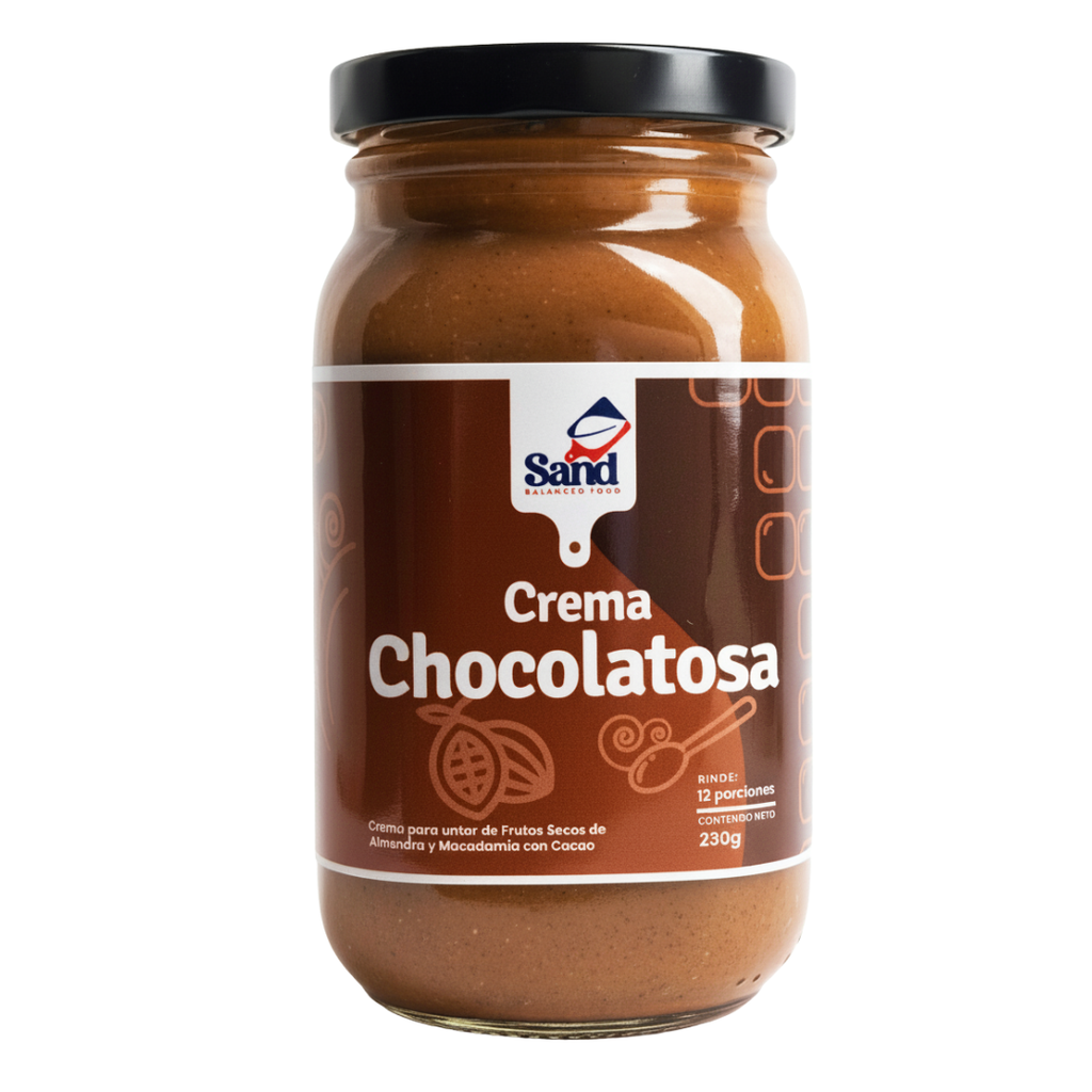 alt="Crema Chocolatosa Sand Balanced Food 120 g elaborada con almendras, macadamias y cacao. Crema de frutos secos con ingredientes naturales, sin aceites añadidos, sin azúcar refinada y sin conservantes."