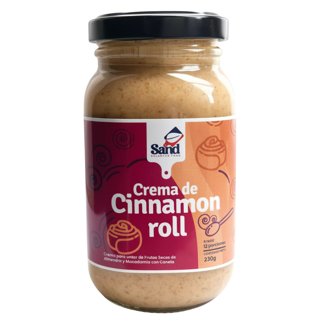 alt="Crema Cinnamon Roll Sand Balanced Food 230 g elaborada con almendras, macadamias y canela. Crema de frutos secos con ingredientes naturales, sin aceites añadidos, sin azúcar refinada y sin conservantes."