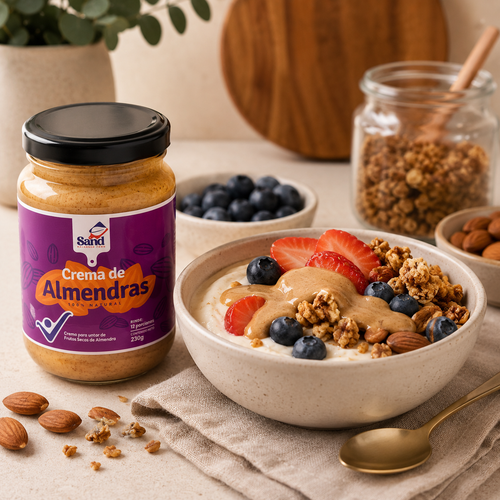 alt="Crema de almendras Sand Balanced Food 480 g elaborada con 100% almendras naturales. Mantequilla de almendras sin aceites añadidos, sin azúcar refinada y sin conservantes."