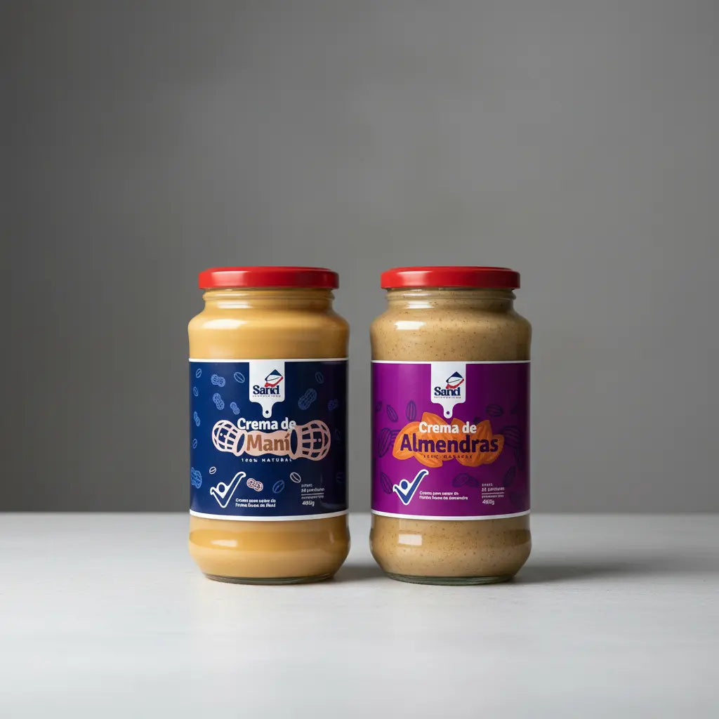 alt="Crema de maní y crema de almendras Sand Balanced Food 480 g elaboradas con 100% frutos secos. Cremas naturales sin aceites añadidos, sin azúcar refinada, sin conservantes y con ingredientes reales."