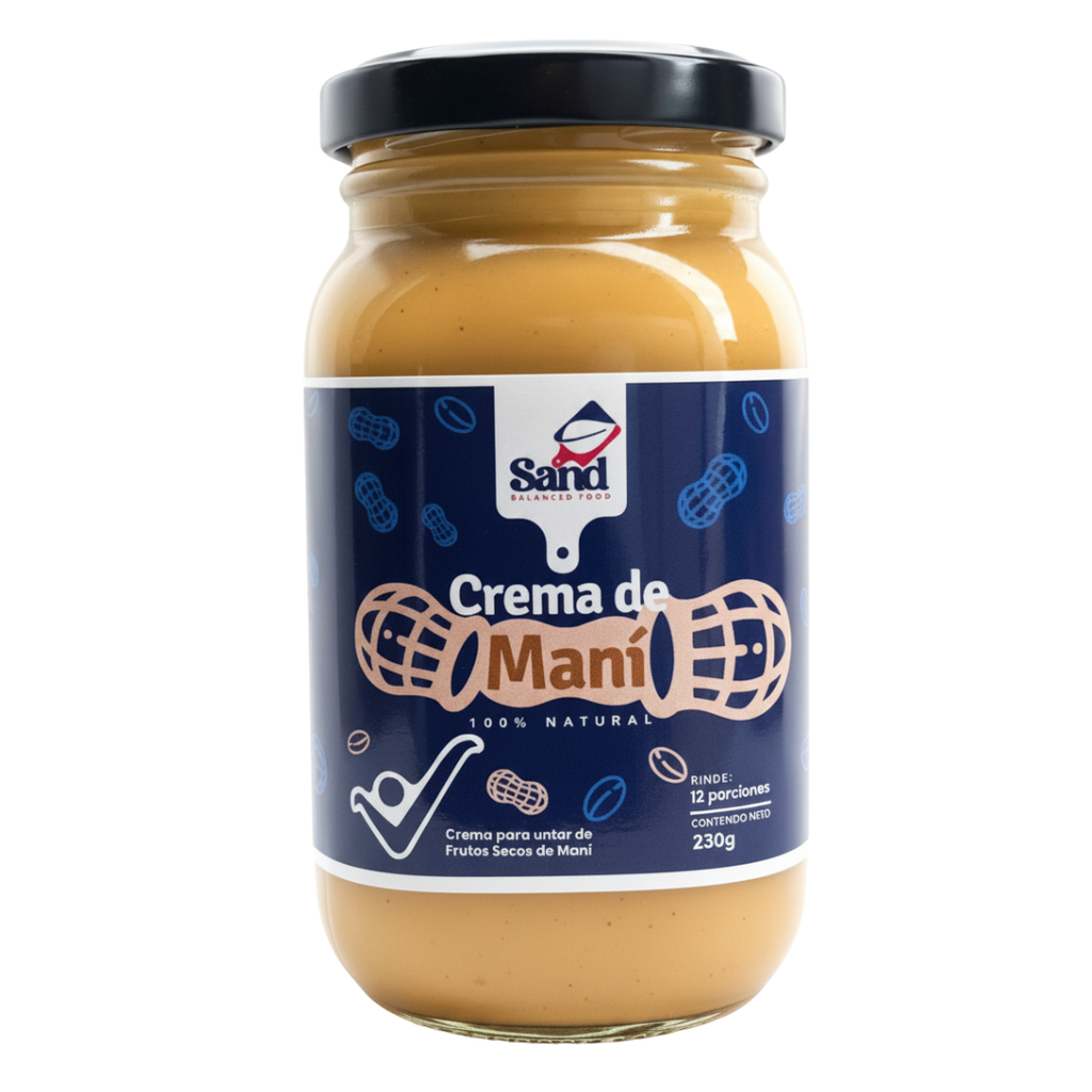 alt="Crema de maní Sand Balanced Food 230 g elaborada con 100% maní natural. Mantequilla de maní sin aceites añadidos, sin azúcar refinada, sin conservantes y con ingredientes reales."