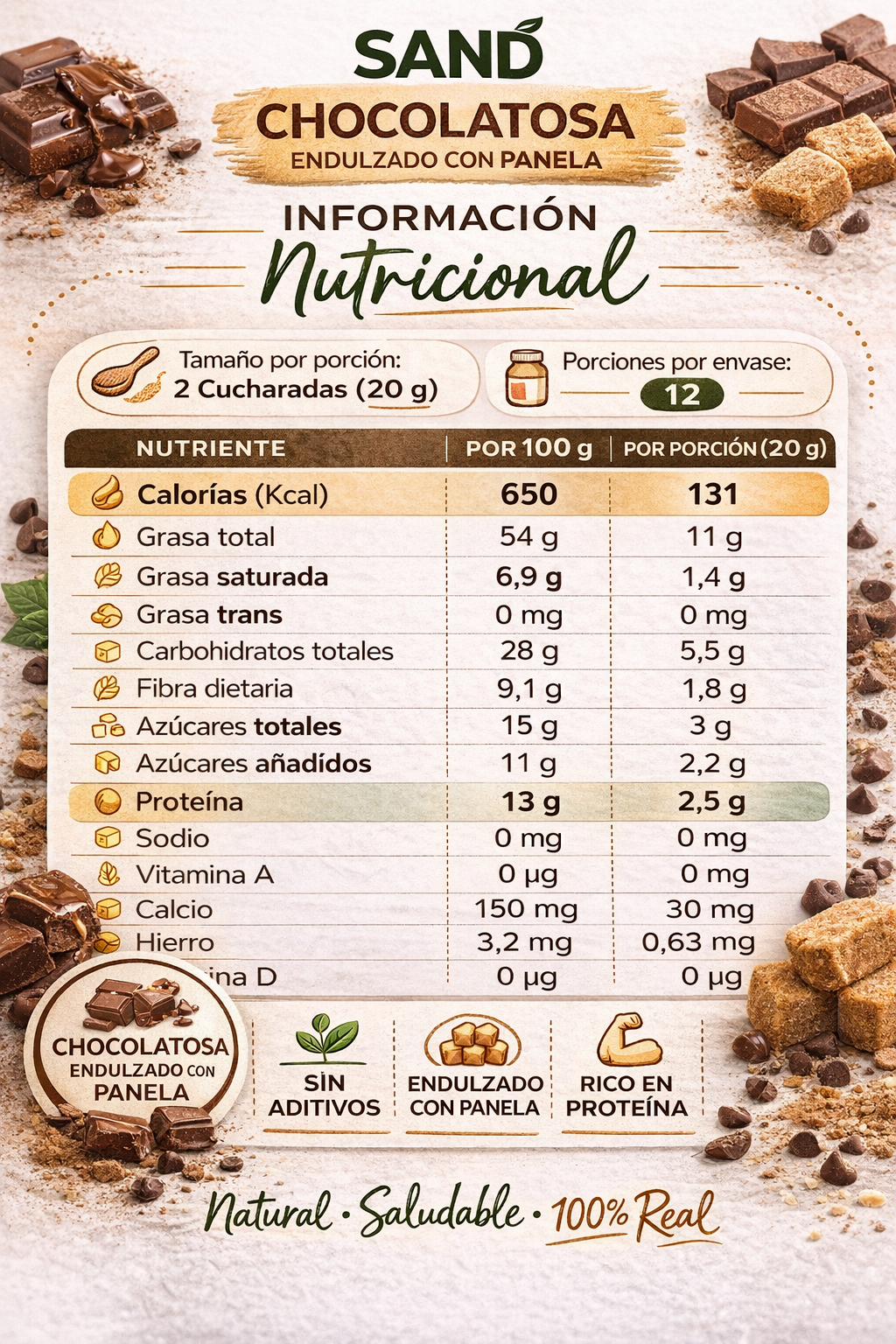 alt="Información nutricional de la crema chocolatosa Sand Balanced Food 100% natural. Tabla con calorías, proteínas, grasas, fibra, vitaminas y minerales. Sin aditivos, sin azúcar añadida y rica en proteína."