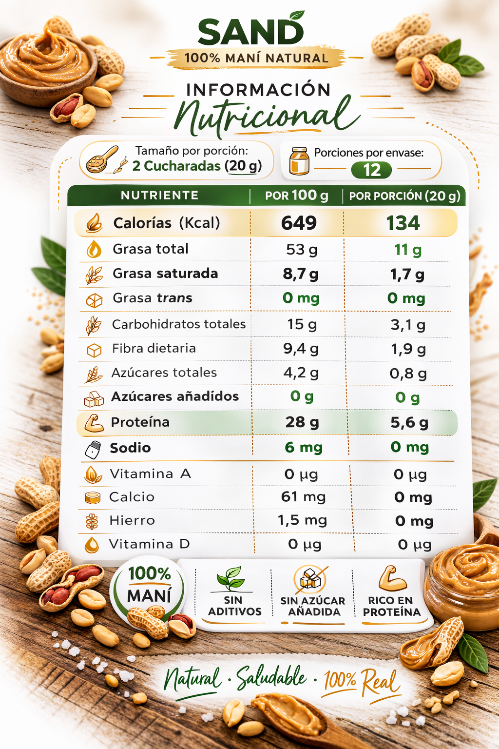 alt="Información nutricional de la crema de maní Sand Balanced Food 100% natural. Tabla con calorías, proteínas, grasas, fibra, vitaminas y minerales. Sin aditivos, sin azúcar añadida y rica en proteína."