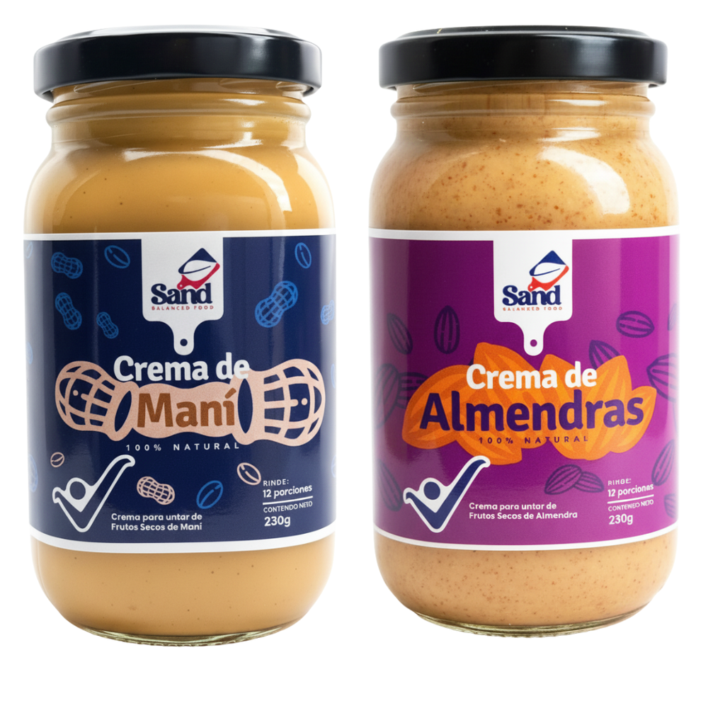 Crema de maní y crema de almendras Sand Balanced Food 230 g, 100% naturales, frascos de vidrio.